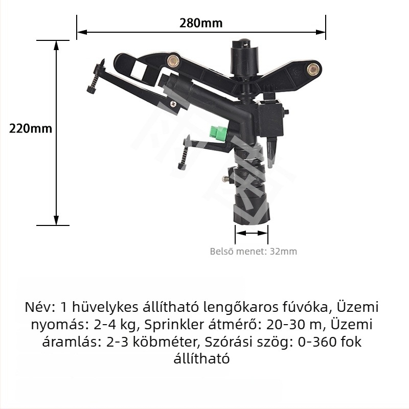 Műanyag belső menetes 1 hüvelykes öntözőfej, állítható lengőkaros, automatikus forgással, mezőgazdasági öntözéshez és tájépítéshez