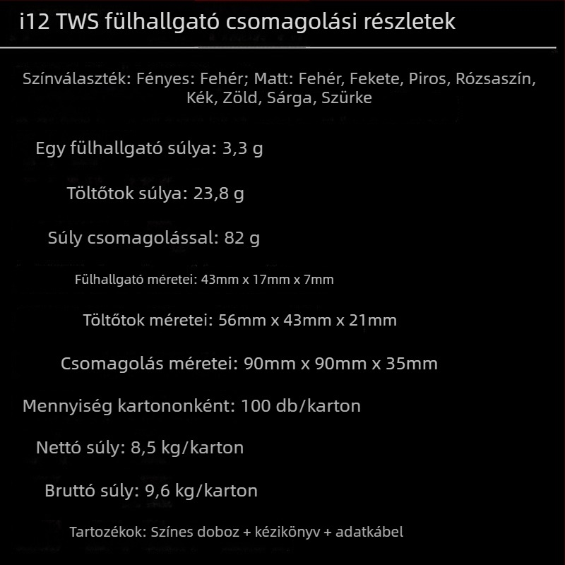 I12 vezeték nélküli Bluetooth fülhallgatók, TWS, érintéses vezérlés, macaron színek, Bluetooth 5.0
