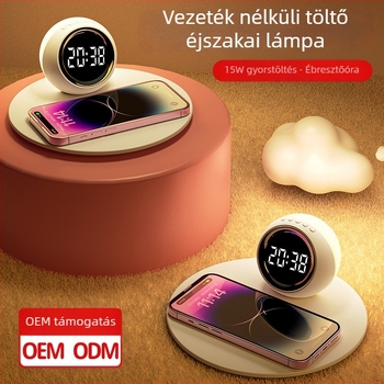 15W vezeték nélküli töltő ébresztőórával és éjjeli fénnyel – három az egyben, letisztult, stílusos