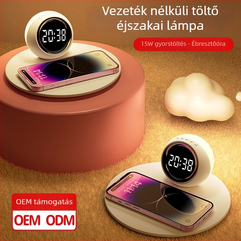 15W vezeték nélküli töltő ébresztőórával és éjjeli fénnyel – három az egyben, letisztult, stílusos