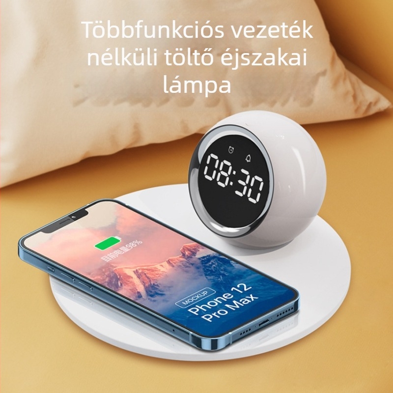 15W vezeték nélküli töltő ébresztőórával és éjjeli fénnyel – három az egyben, letisztult, stílusos