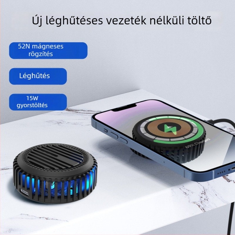 Qi2 15W vezeték nélküli töltő iPhone 12–15-höz, levegőhűtéssel és mágneses technológiával