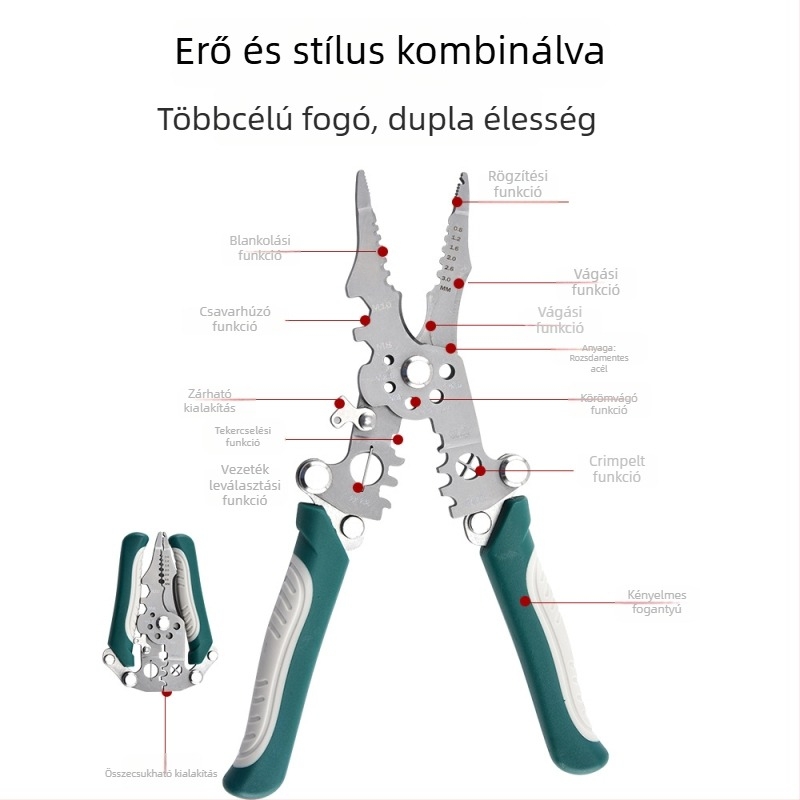 Összecsukható többfunkciós vezetékcsupaszító és krimpelő fogó