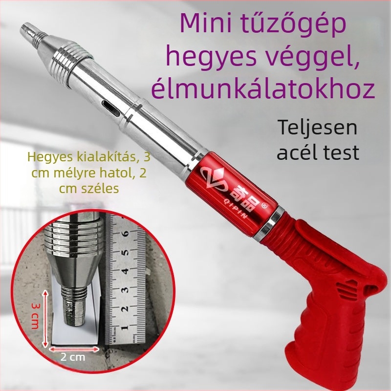 Kompakt, teljes acélból készült mini szögbelövő hangtompítóval — integrált szerelőeszköz a mennyezethez