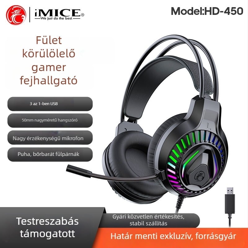 Imice HD-450 Világító USB 7.1-es Vezetékes Gamer fejhallgató RGB