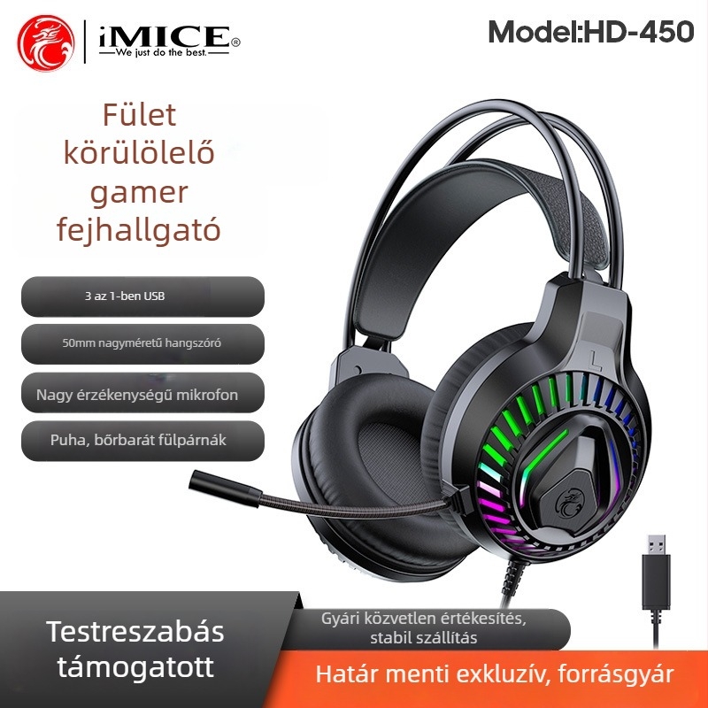 Imice HD-450 Világító USB 7.1-es Vezetékes Gamer fejhallgató RGB