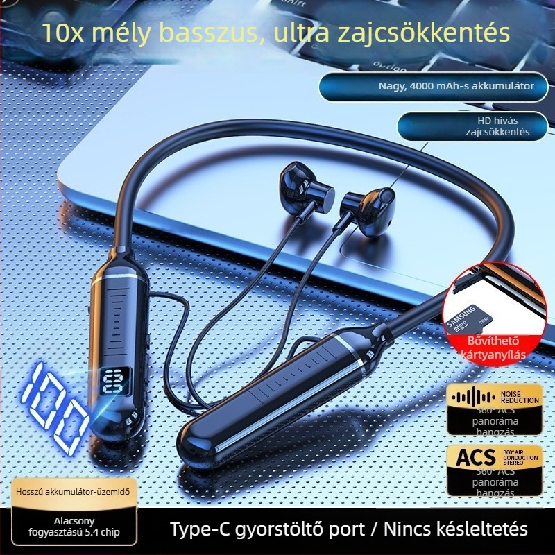 Nyakpántos vezeték nélküli Bluetooth sportfülhallgató, fél-in-ear dizájn, hosszú üzemidő, 3D hangzás és erőteljes basszus