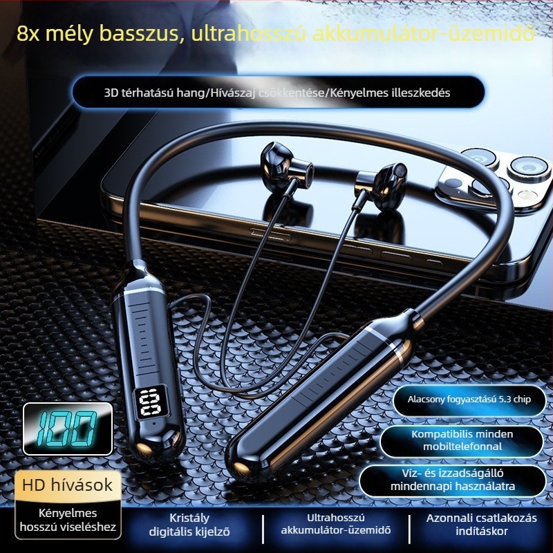 Nyakpántos vezeték nélküli Bluetooth sportfülhallgató, fél-in-ear dizájn, hosszú üzemidő, 3D hangzás és erőteljes basszus