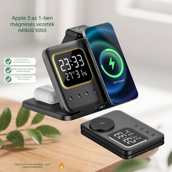 Mágneses 3 az 1-ben vezeték nélküli töltő digitális óra kijelzővel Apple iPhone, AirPods és Apple Watch számára