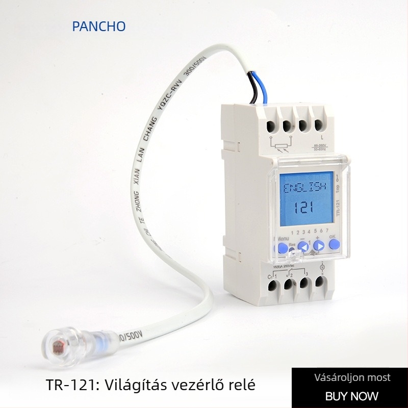TR-121 DIN-sínre szerelt időkapcsoló háttérvilágítással, hat nyelvet támogató, európai modell, széles feszültségtartomány 85-250V