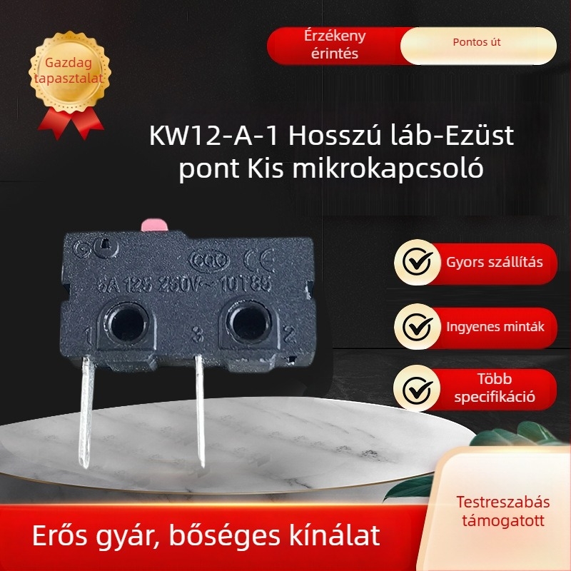 KW12-A-1 vízálló mikrokapcsoló hosszú csatlakozókkal, háromtűs érintkező, ezüst érintkezők