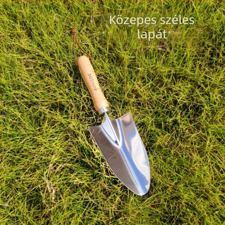 Rozsdamentes acélból készült három darabos kerti eszköz készlet: kis ásók a talaj ásásához, ültetéshez és cserepes növényekhez