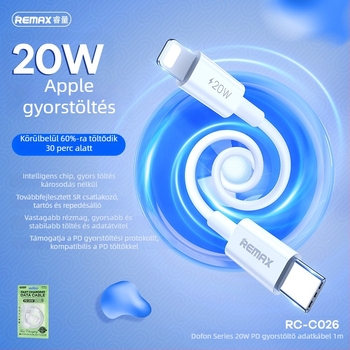 Remax Dongfeng sorozat 1 m USB-C/Lightning gyors töltőkábel, 20W, fehér