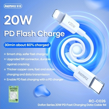 Remax Dongfeng sorozat 1 m USB-C/Lightning gyors töltőkábel, 20W, fehér