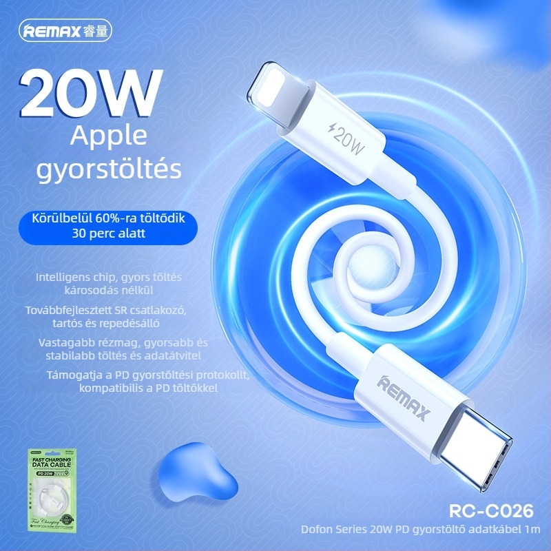 Remax Dongfeng sorozat 1 m USB-C/Lightning gyors töltőkábel, 20W, fehér