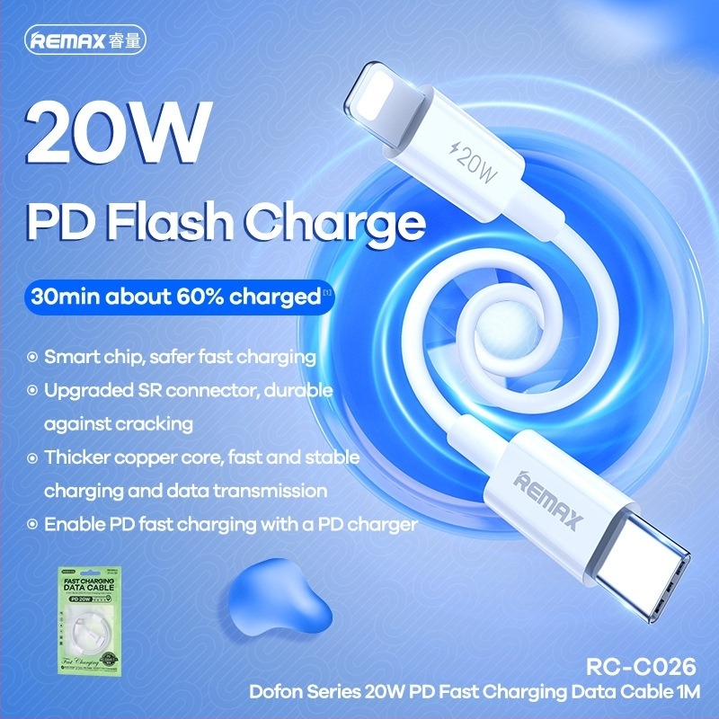 Remax Dongfeng sorozat 1 m USB-C/Lightning gyors töltőkábel, 20W, fehér