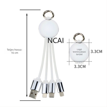 Három az egyben adatkábel logónyomással, többszínű gyors töltés, Lightning, Micro-USB és Type-C csatlakozók, hossza 2–5 m