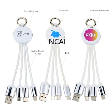 Három az egyben adatkábel logónyomással, többszínű gyors töltés, Lightning, Micro-USB és Type-C csatlakozók, hossza 2–5 m