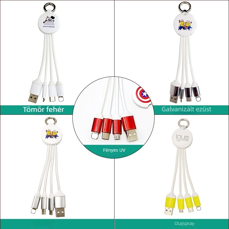 Három az egyben adatkábel logónyomással, többszínű gyors töltés, Lightning, Micro-USB és Type-C csatlakozók, hossza 2–5 m
