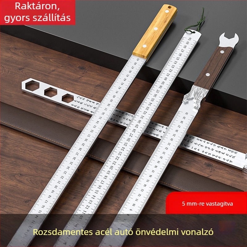 Rozsdamentes acélból készült autóba szerelt mérővessző, önvédelmi eszköz, edzett, vastag egyenes vonalzó, 5 mm, gyémánt élű