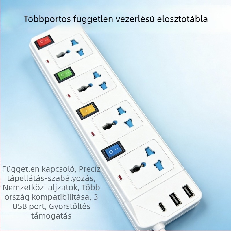 USB-s hosszabbító, brit szabvány, különálló kapcsolókkal egyedi vezérléshez, Thaiföldre és Kambodzsára alkalmas, többoldali tanúsítvánnyal