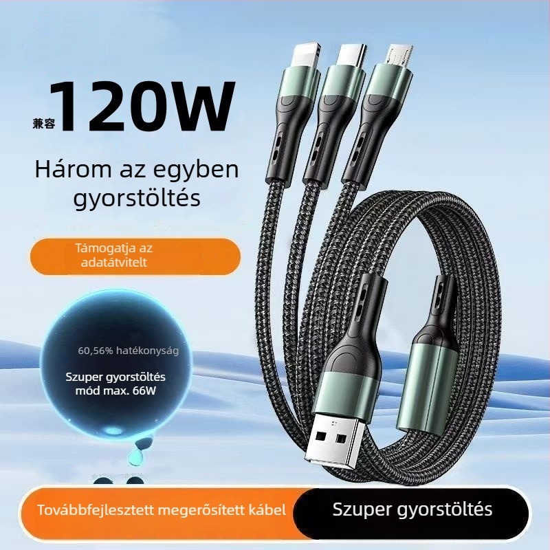 3 az 1-ben szövött USB-C töltőkábel, 120W gyors töltés, Huawei és Apple készülékekhez