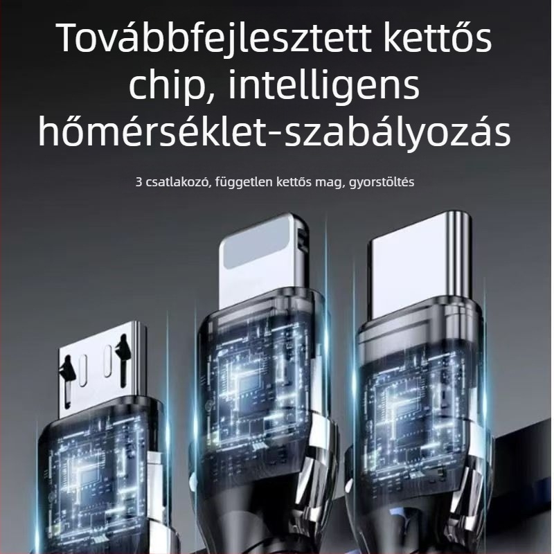 3 az 1-ben szövött USB-C töltőkábel, 120W gyors töltés, Huawei és Apple készülékekhez