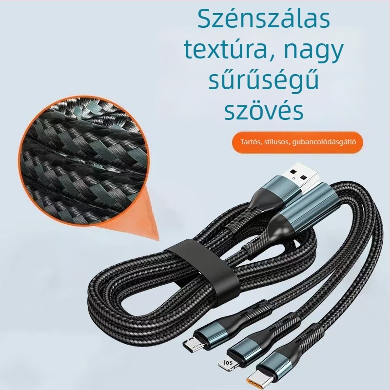 3 az 1-ben szövött USB-C töltőkábel, 120W gyors töltés, Huawei és Apple készülékekhez