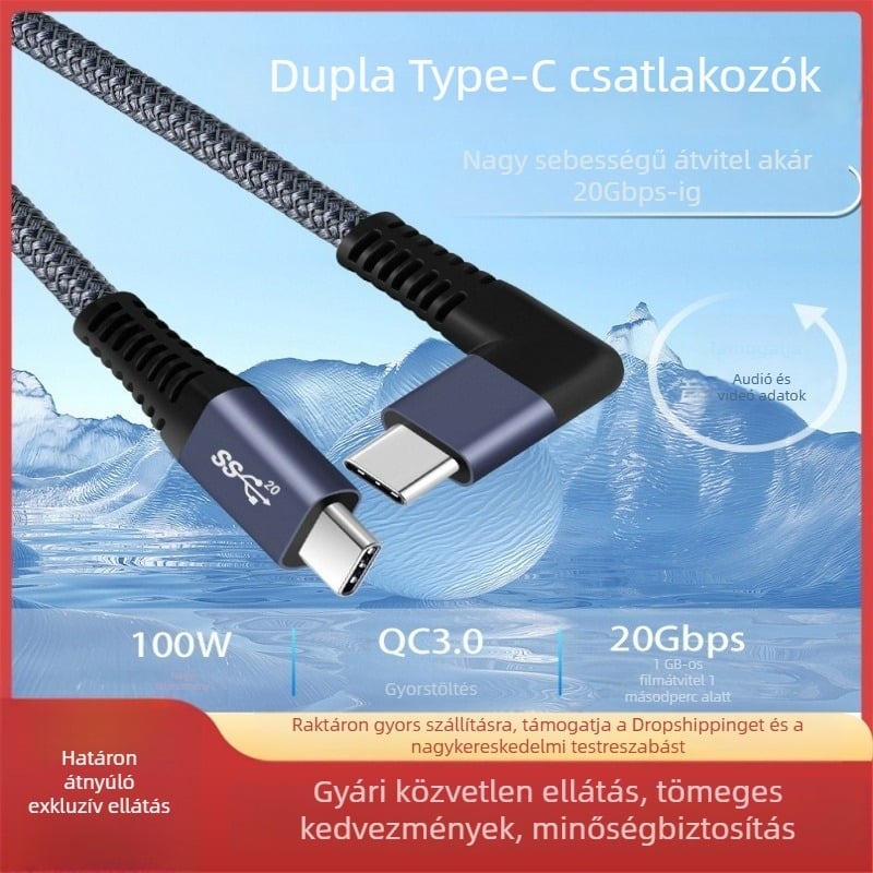 Ívelt Type-C M-M adatkábel teljes funkcionalitással, 100W gyorstöltés, 20 Gbps átvitellel, 4K60Hz átvitel, mobil eszközökhöz és notebookokhoz
