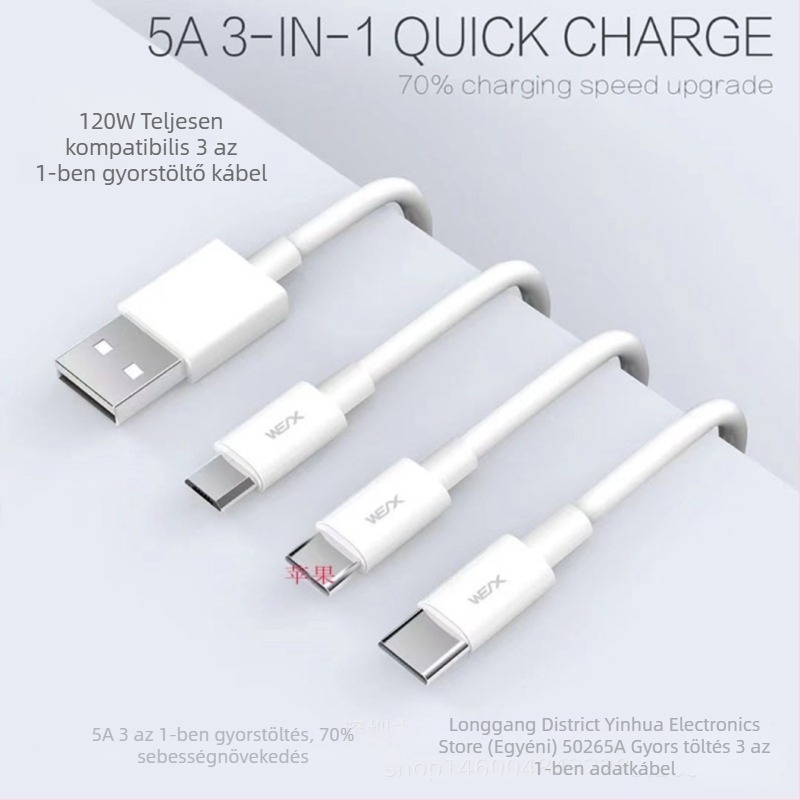 1,2 m 3 az 1-ben töltés- és adatkábel, gyors töltés, Apple és Huawei eszközökhöz