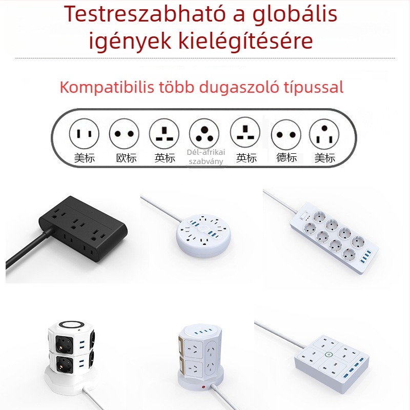 Amerikai szabványú ötdugós elosztó USB-portokkal, 1,5 m hosszú kábellel