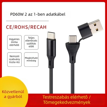 PD 60W USB-C–USB-C gyorstöltő kábel kettős fejjel, 2-in-1, hossz 0,5–1 m, fekete, TPE