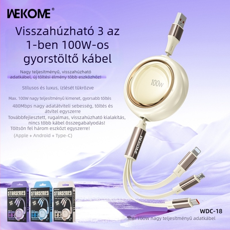 WEKOME Star 100W magas teljesítményű teleszkópos 3-in-1 töltés és adatkábel okostelefonhoz, modell WDC-18
