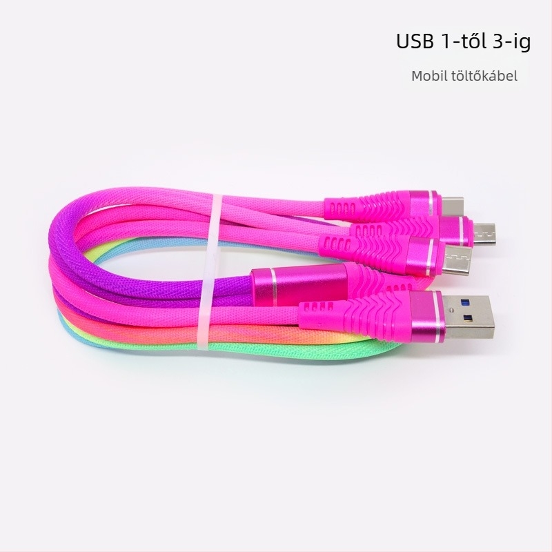 Rainbow USB adatkábel 1–3 elágazó, szövött nylonból, Android telefonokhoz, Micro USB és Type-C csatlakozókkal, gyors töltés, hossz 1–2 m