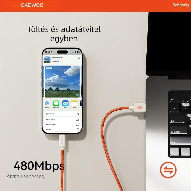 Gadwoo 2,4A szövött gyors töltőkábel Lightning csatlakozóval, 0,5–1 m hosszú, 2 az 1-ben, narancssárga