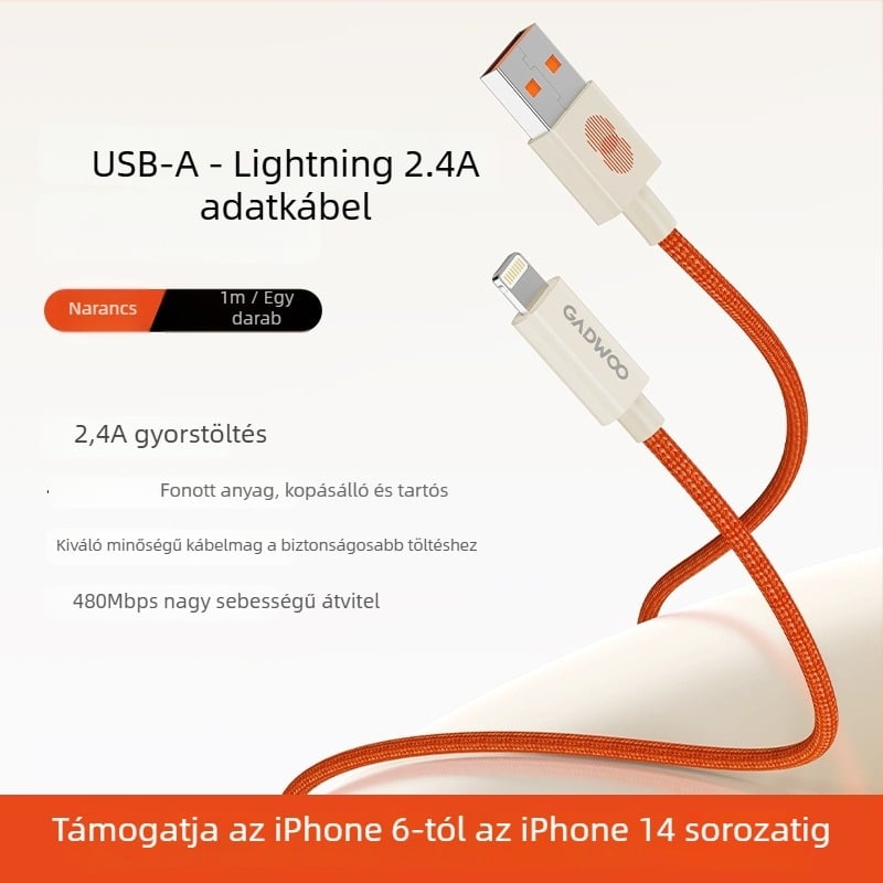 Gadwoo 2,4A szövött gyors töltőkábel Lightning csatlakozóval, 0,5–1 m hosszú, 2 az 1-ben, narancssárga
