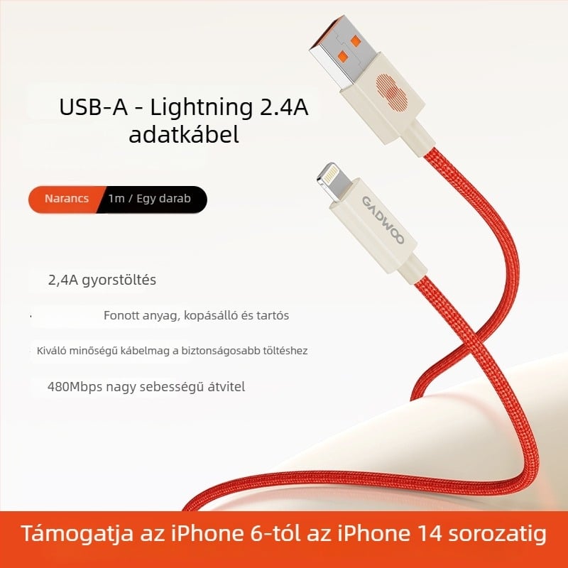 Gadwoo 2,4A szövött gyors töltőkábel Lightning csatlakozóval, 0,5–1 m hosszú, 2 az 1-ben, narancssárga