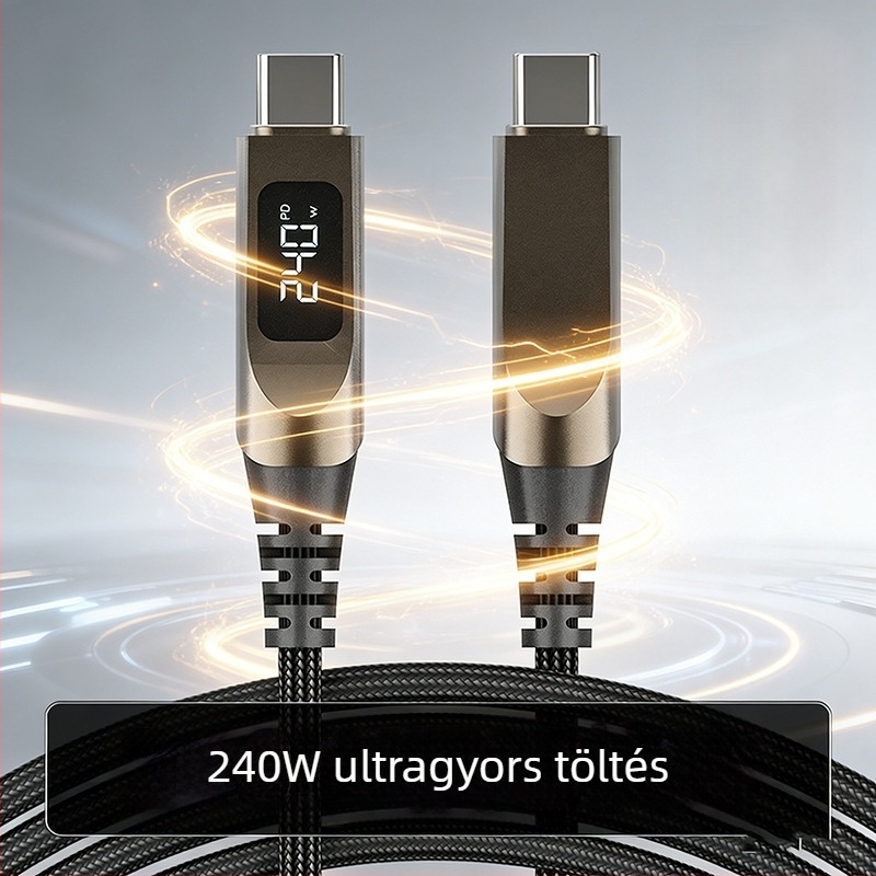 240W cinkötvözet digitális kijelzőjű USB Type-C gyorstöltőkábel, hálózott, 1–2 m, Huawei, Apple, Android