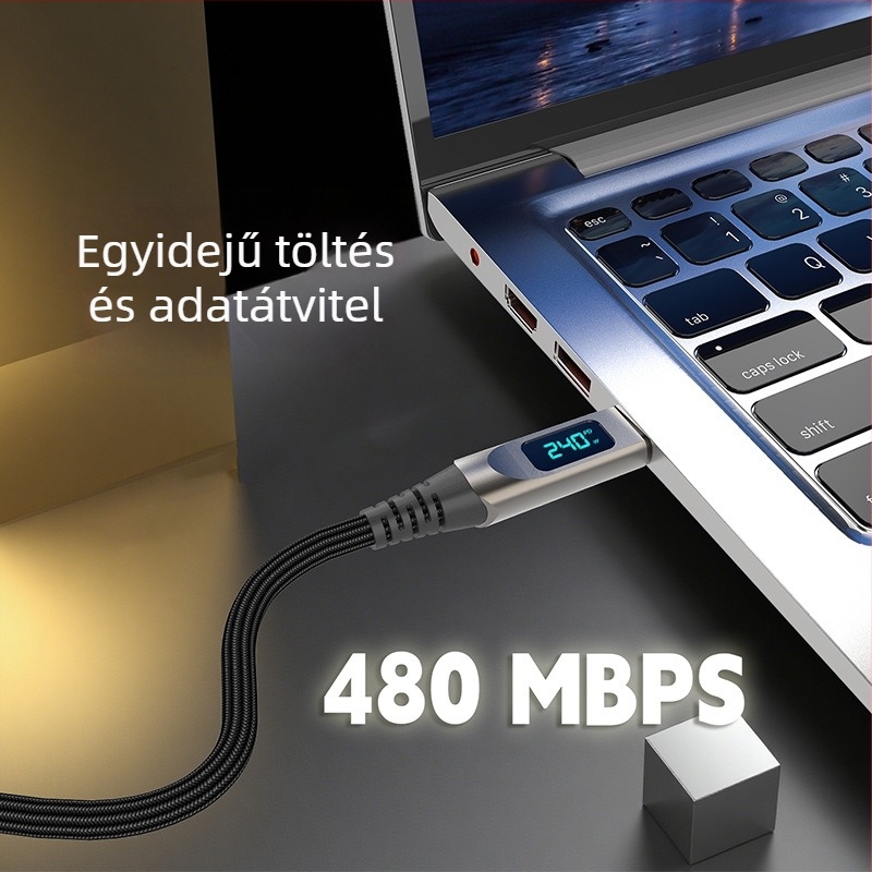 240W cinkötvözet digitális kijelzőjű USB Type-C gyorstöltőkábel, hálózott, 1–2 m, Huawei, Apple, Android
