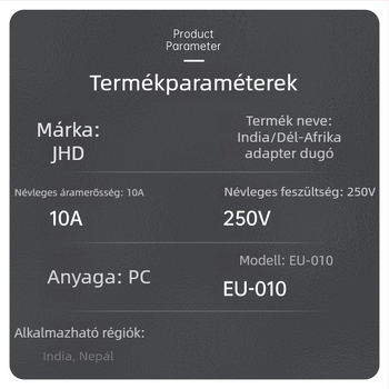 EU-010 Európai dugaszoló konverter, 3‑pin aljzat adapter Indian szabvány szerint