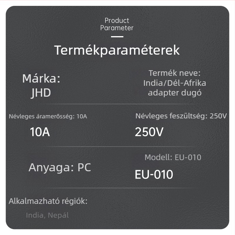 EU-010 Európai dugaszoló konverter, 3‑pin aljzat adapter Indian szabvány szerint