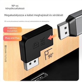 DisplayPort 8K hajlított adapter, 90°-os szög, DP férfi és női csatlakozók, 1.4/1.2 hosszabbító