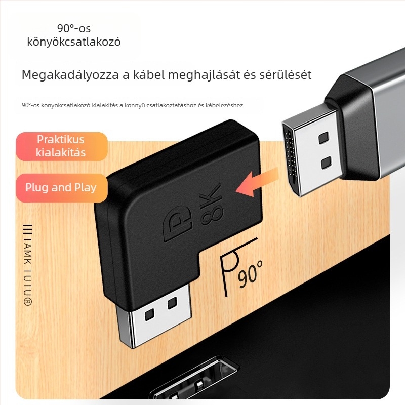 DisplayPort 8K hajlított adapter, 90°-os szög, DP férfi és női csatlakozók, 1.4/1.2 hosszabbító