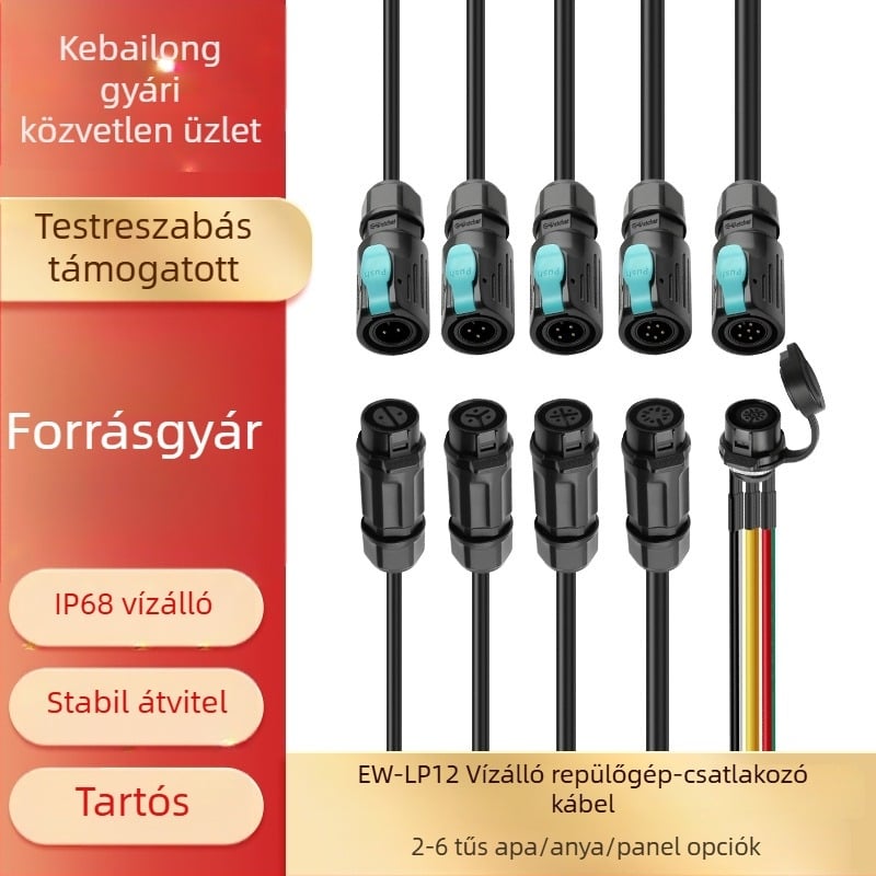 LP12 csatlakozó, 2-6 vezeték, egyenes dugó, flánnes aljzat motorokhoz és repülőiparhoz, LED világítás, IP68 vízálló tápkábel