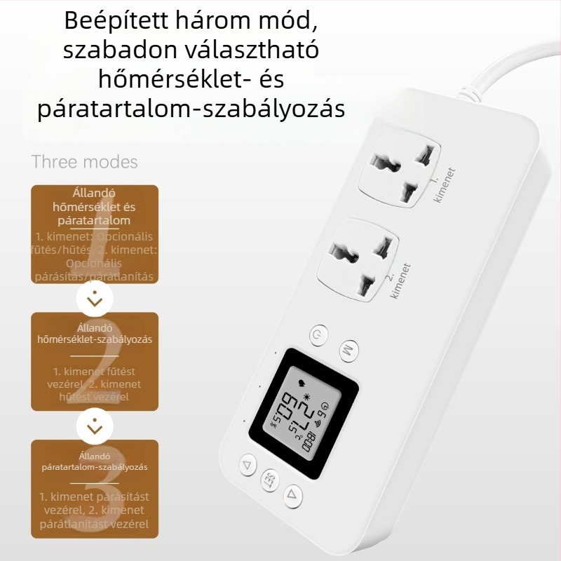Hőmérséklet- és páratartalom-szabályozó konnektor, párásítás és párátlanítás, távoli vezérlés mobilalkalmazással, nagy teljesítmény