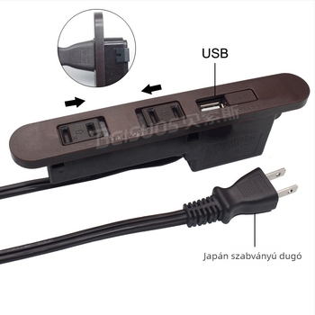 Japán stílusú USB-s elosztó, két aljzattal asztalhoz vagy éjjeliszekrényhez, kábelrel, PSE-tanúsítvány