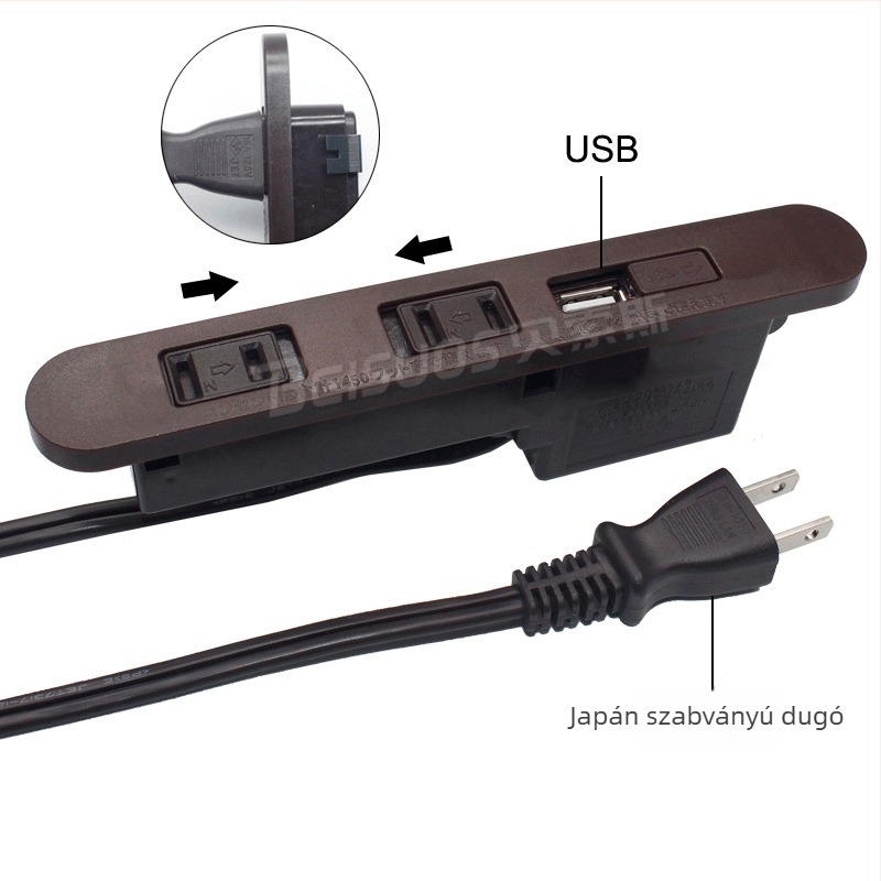 Japán stílusú USB-s elosztó, két aljzattal asztalhoz vagy éjjeliszekrényhez, kábelrel, PSE-tanúsítvány
