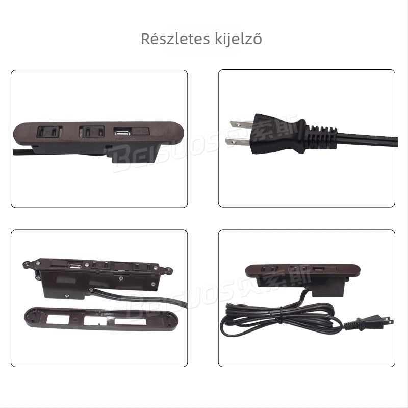 Japán stílusú USB-s elosztó, két aljzattal asztalhoz vagy éjjeliszekrényhez, kábelrel, PSE-tanúsítvány