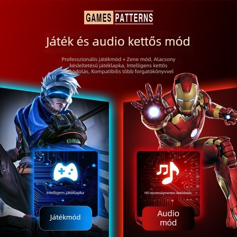 Fémes mechanikus Bluetooth fejhallgató játékhoz, vezeték nélküli sportos kivitel, erős mély basszus