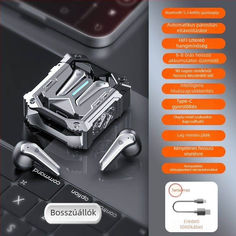 Fémes mechanikus Bluetooth fejhallgató játékhoz, vezeték nélküli sportos kivitel, erős mély basszus